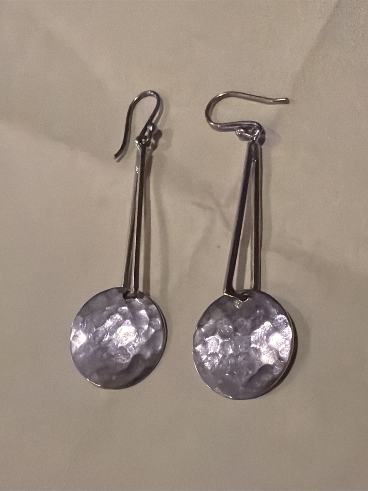 VTG Signed ATI Mexico 925 sterling silver hammered drop hoop Earrings Taxco 3”