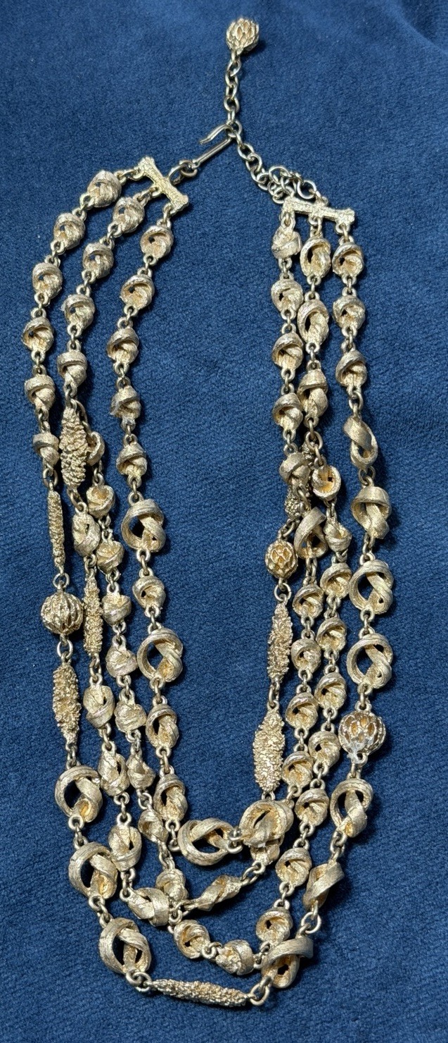 Vintage Knot Filigree Bead Necklace Multi Strand Beaded Gold Tone Acorn Hook