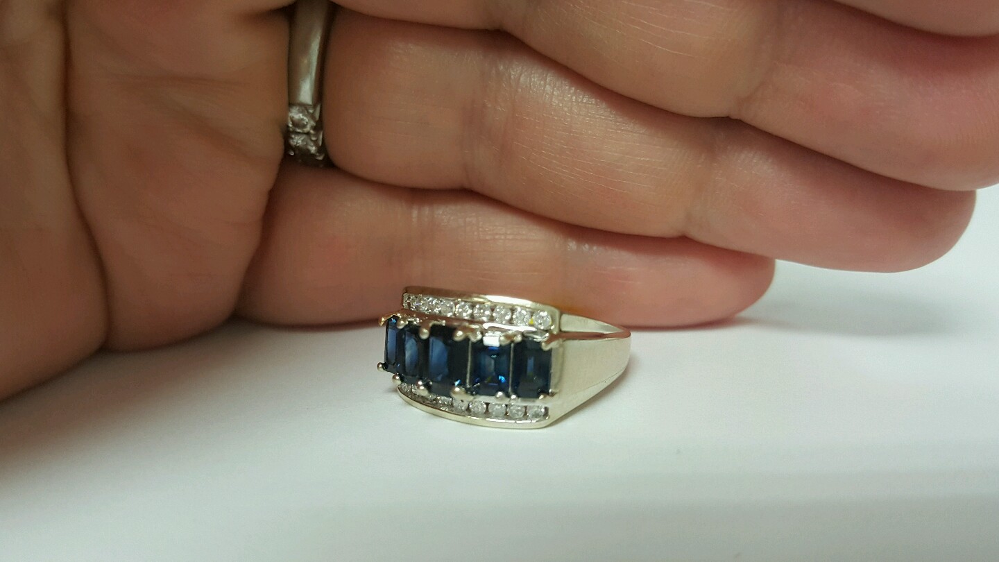 Estate 1.17ct Emerald Cut Blue Sapphire and Round Diamond 14k Whote Gold Ring