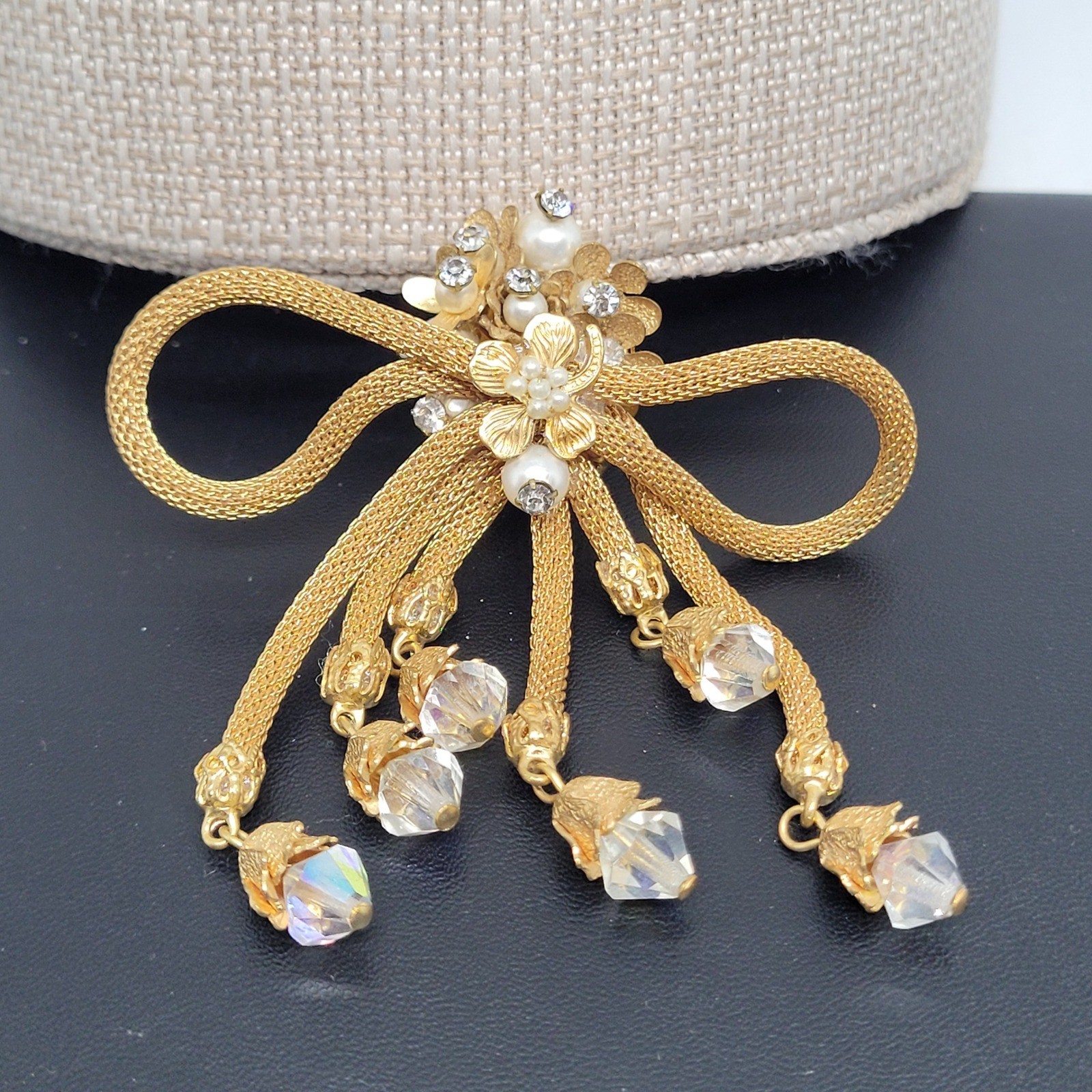 Vintage Mesh Brooch Gold Tone Pearl Rhinestone Tassel Crystal Dangle