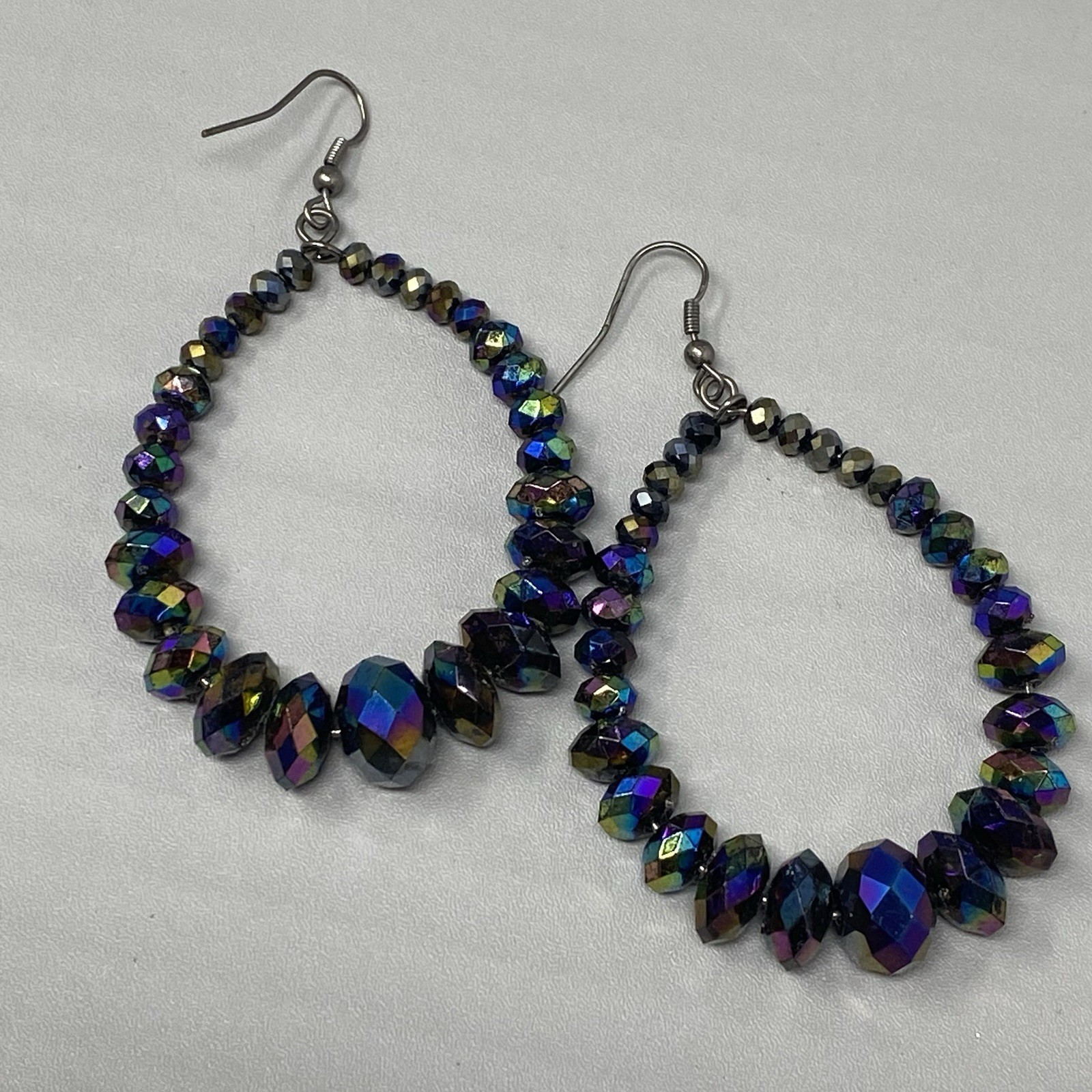 Aurora Borealis Pierced Earrings Dangle Drop Hoop Iridescent Glass Beads 3″