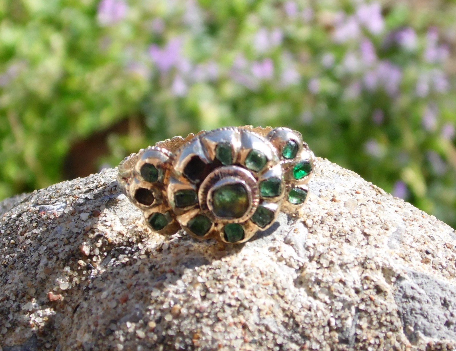 Antique 18th Century 14k GOLD Italian Floral Green Cluster Ornate Band Ring
