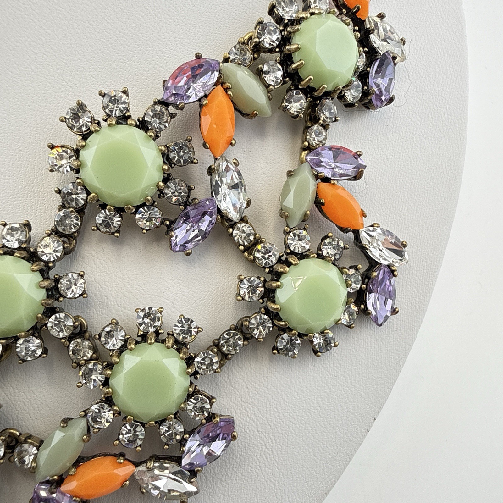 J Crew Necklace Bib Chunky Green Orange Bold Festoon Floral Rhinestone Statement