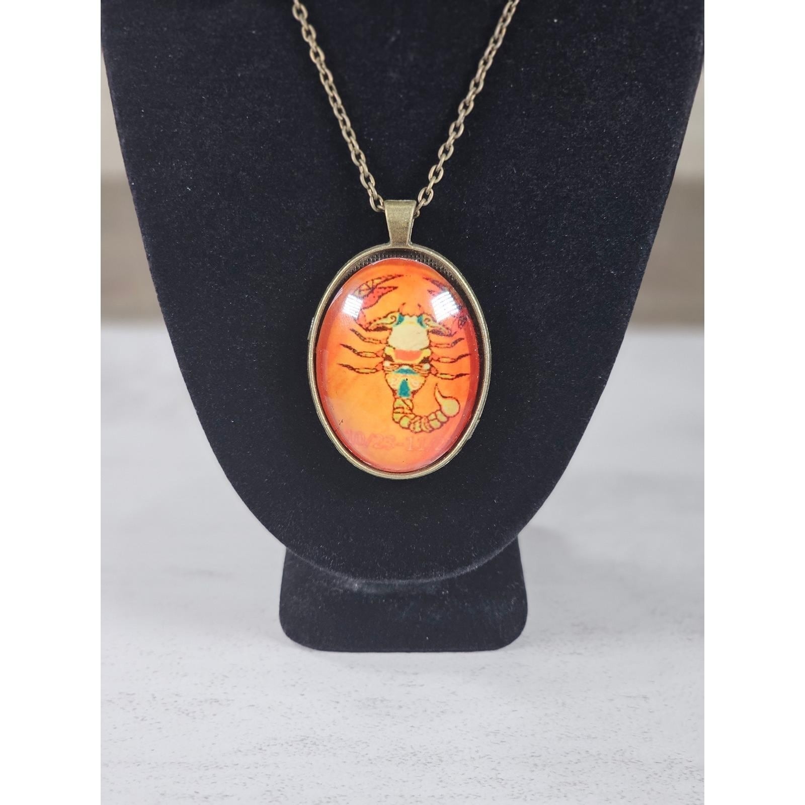 Vintage Scorpio Zodiac Necklace Orange Scorpion Cabochon Gold Tone