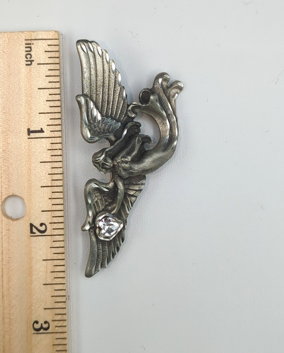 Brooch Pin Vintage Angel Heart Rhinestone Wings Signed EJC or EGC 1994 Pewter?