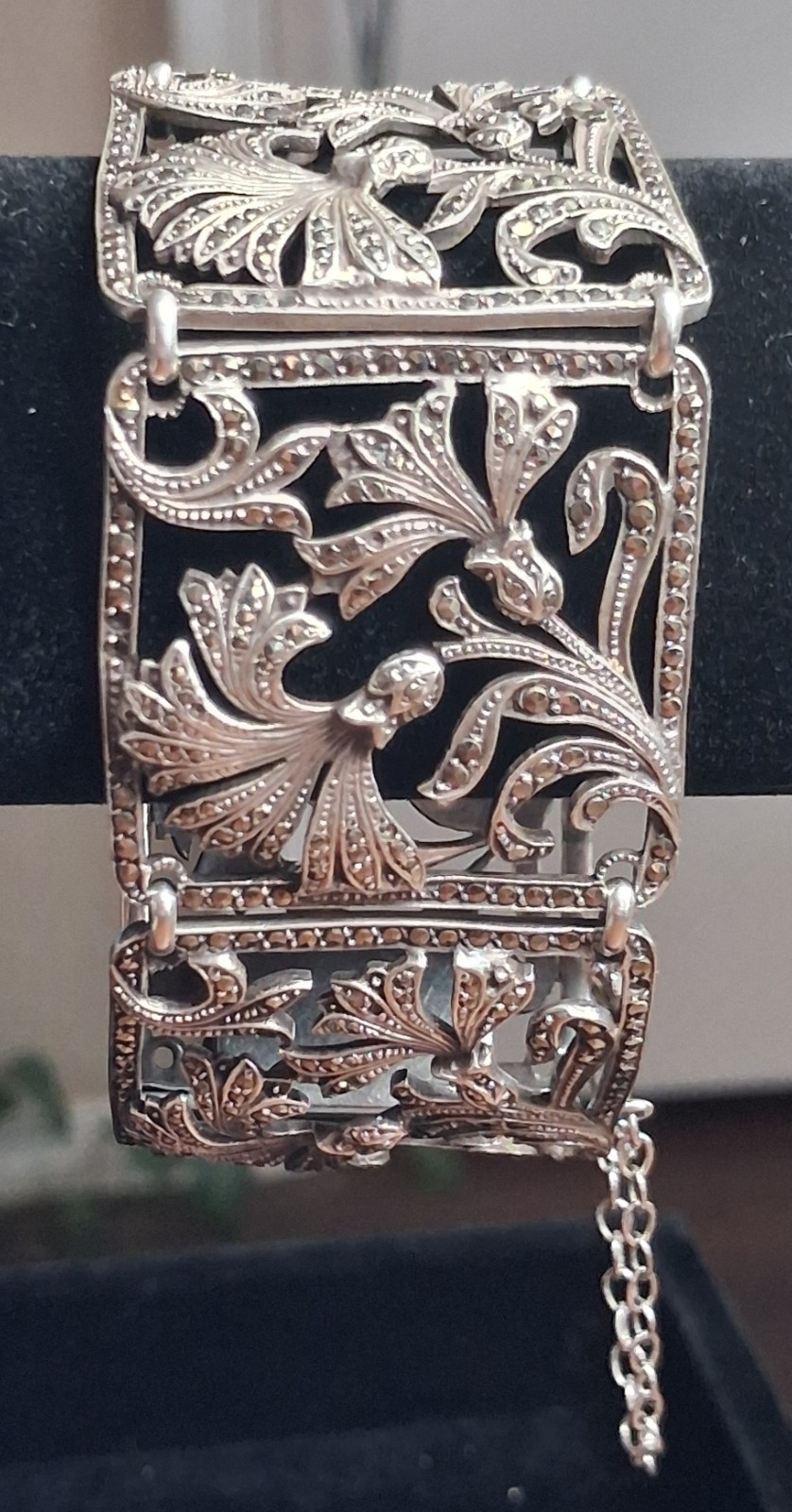 Vintage Italy 925 Sterling Silver Marcasite Wide Panel Bracelet Heavy 63g Ornate