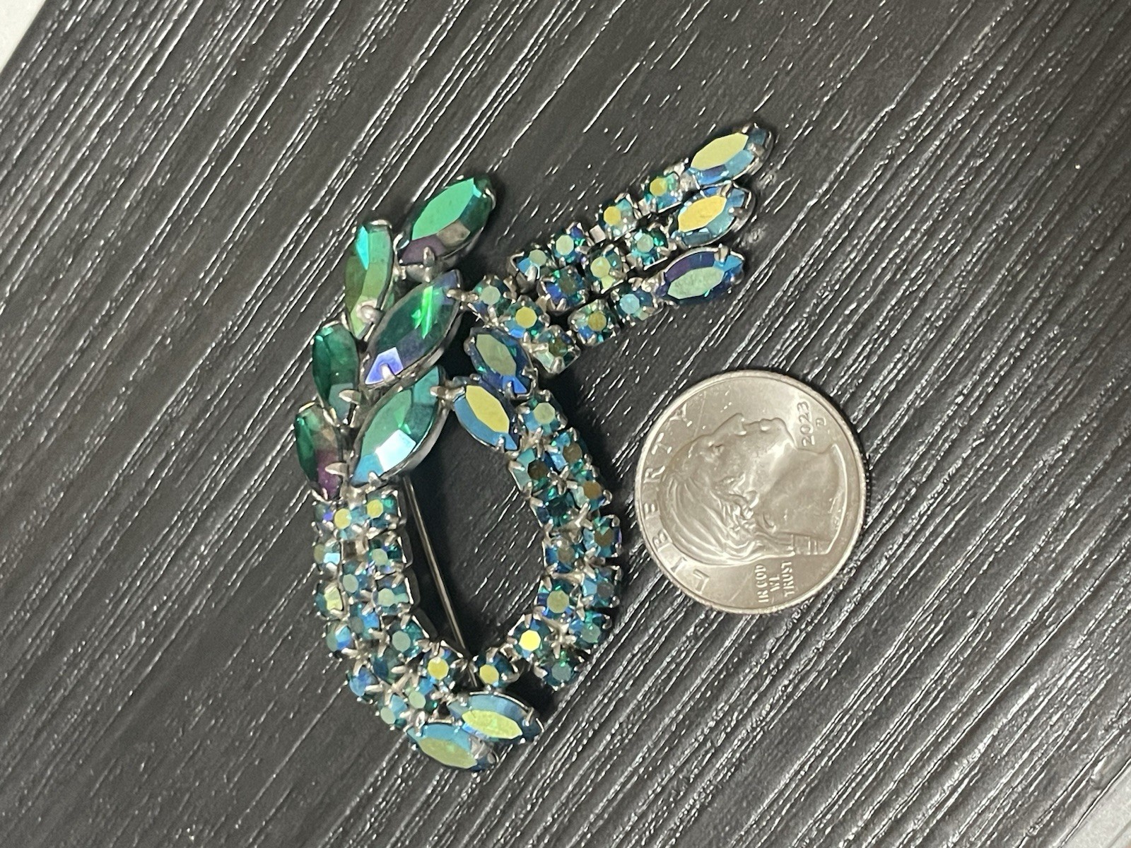 “Blue Lagoon” Style Aurora Borealis Crystal Rhinestone Tassel Brooch Vtg Estate