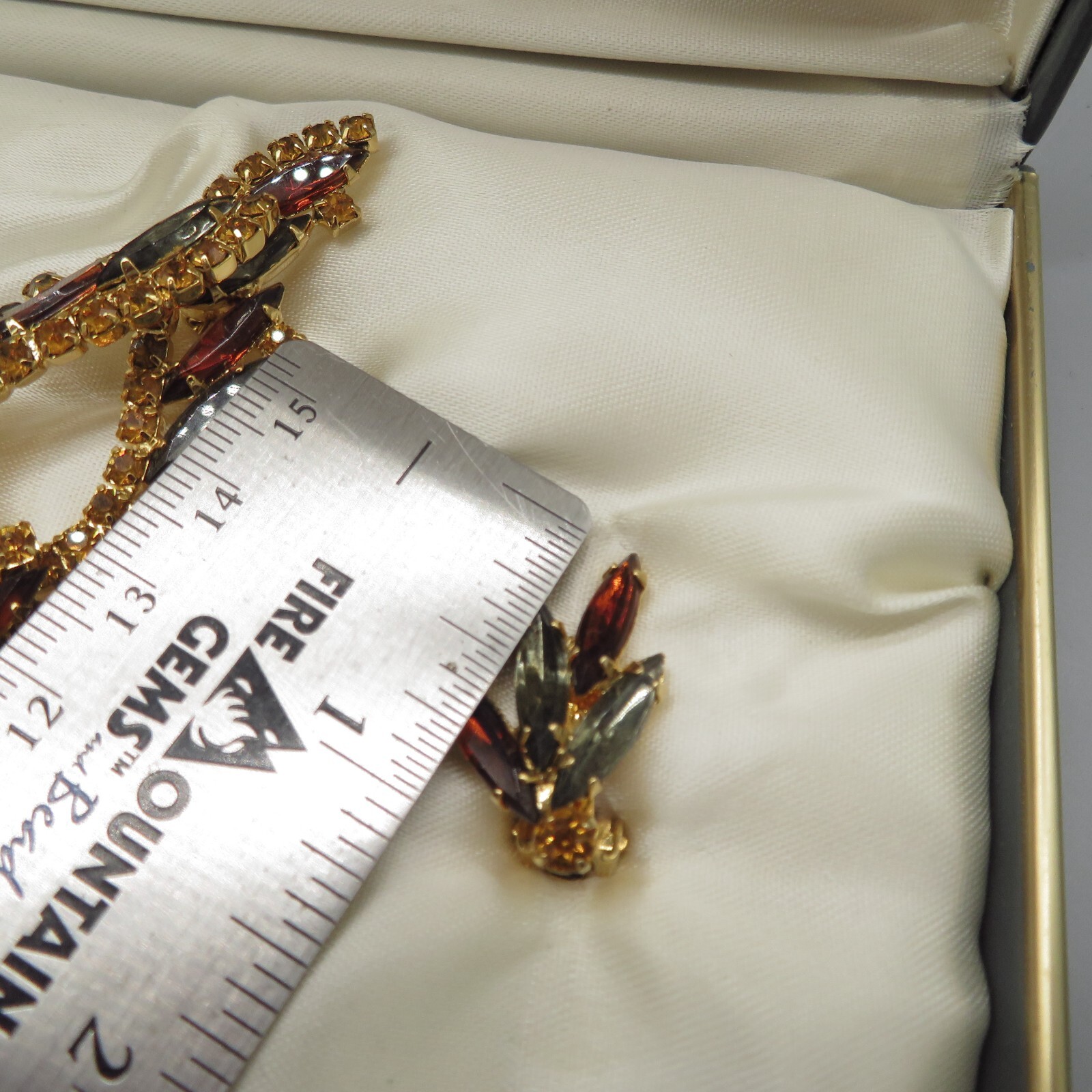 1950s fall colors Navette Rhinestone Brooch & Clip on Earrings Set Gold tone VTG