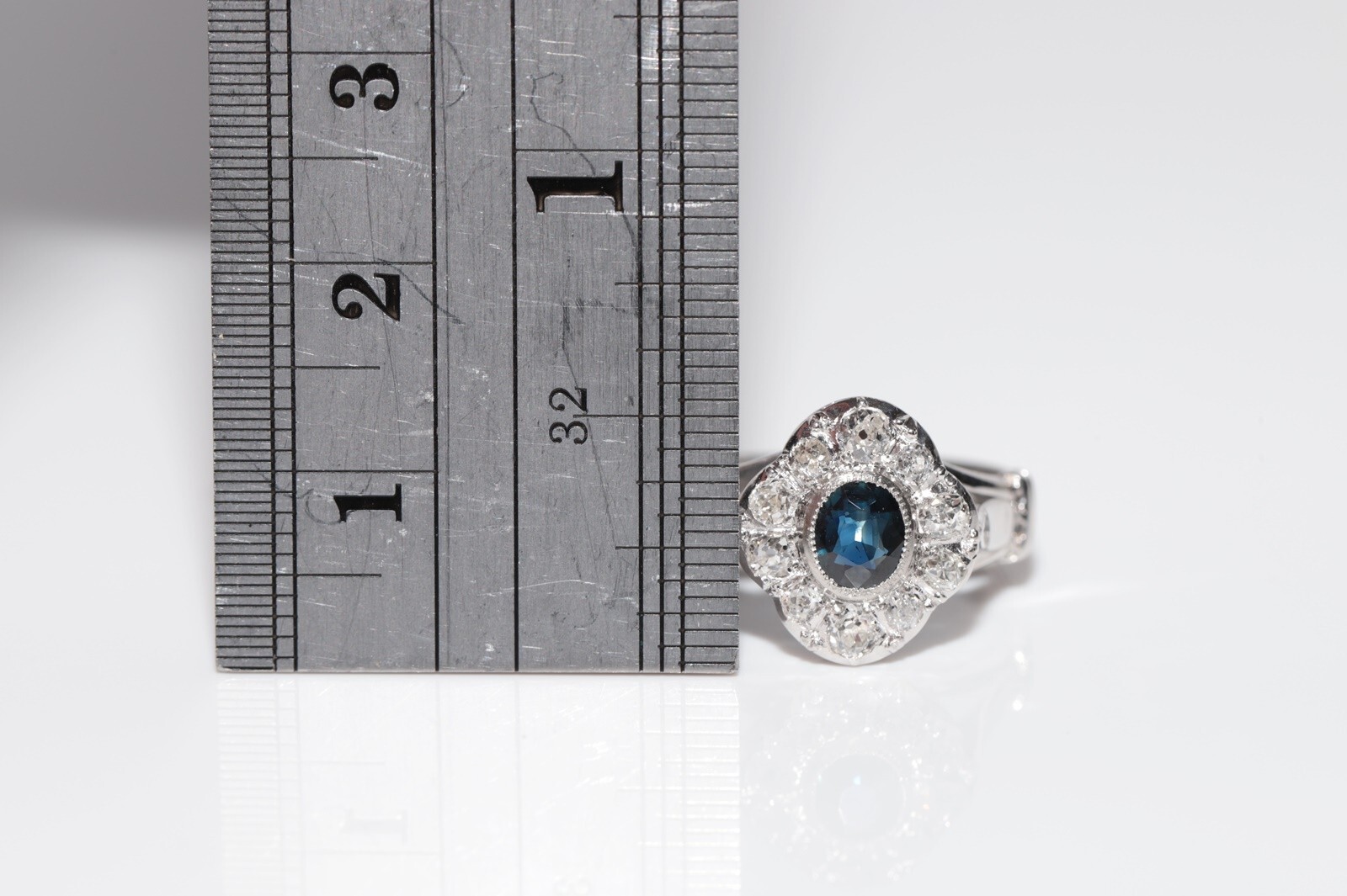 Antique Circa 1920s 18k Gold Art Deco Natural Diamond And Sapphire Navette Ring