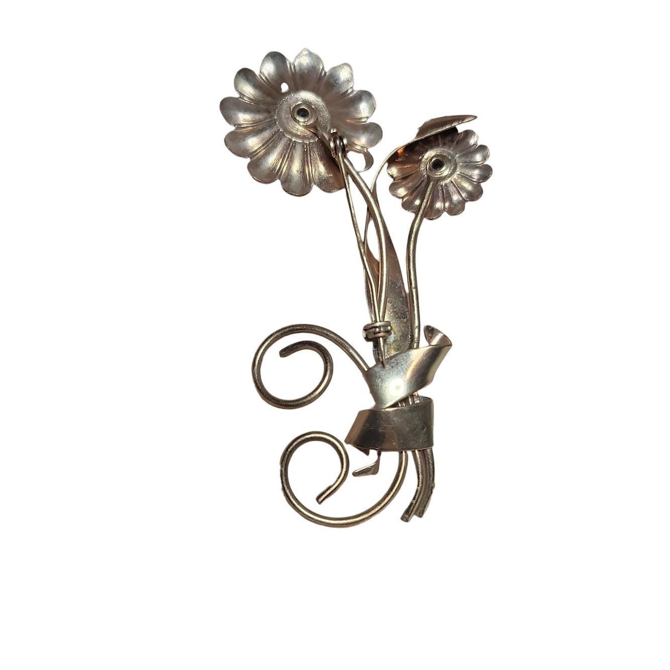 Vintage Vermeil Sterling Floral Brooch Aqua Blue Rhinestone Bouquet Pin 3.25″