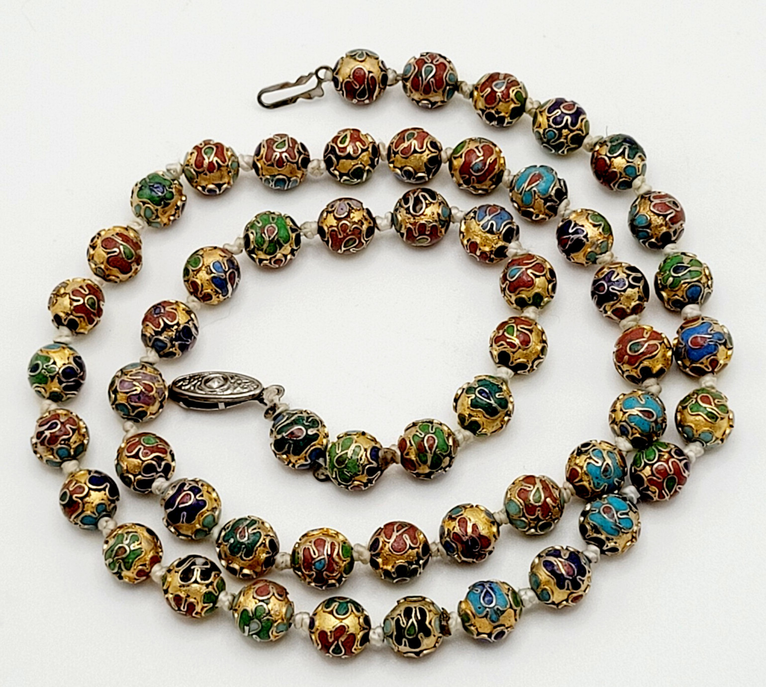 Chinese Cloisonné Floral Bead Hand Knot Circa 1930s Beaded Necklace 23 Inch