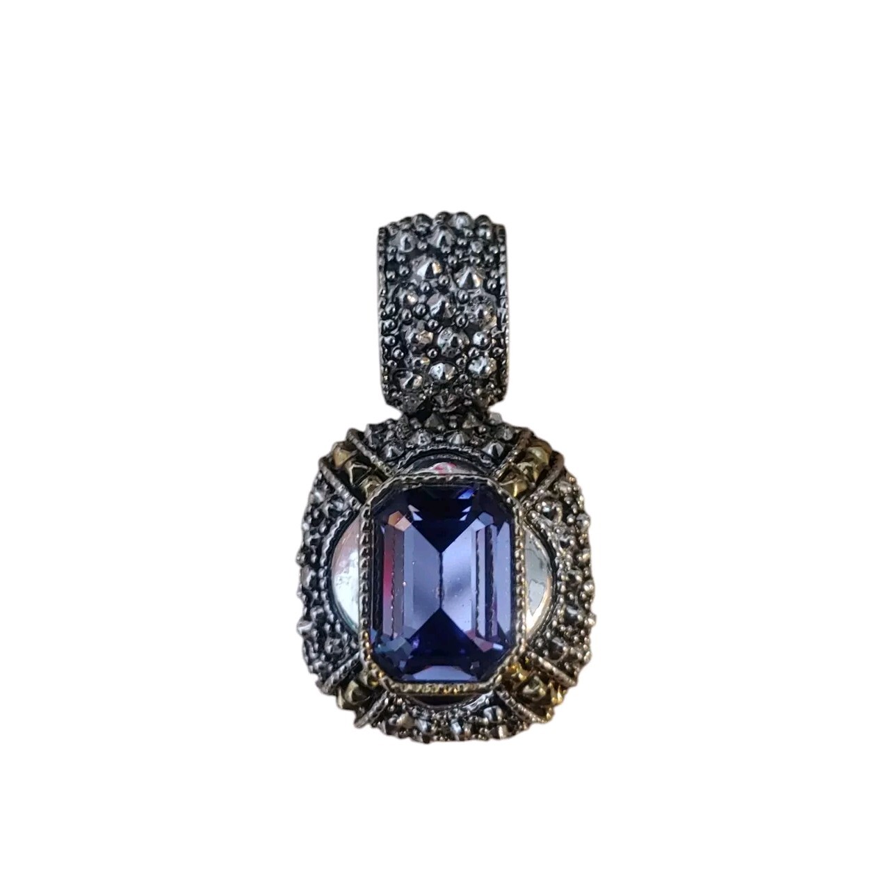 Emerald Cut Purple Glass Stone Pendant Silver tone Gold Accent Pearl Enhancer