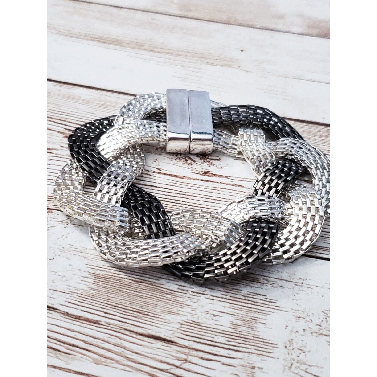 Vintage Bracelet Black & Silver Tone Twisted with Magnetic Clasp