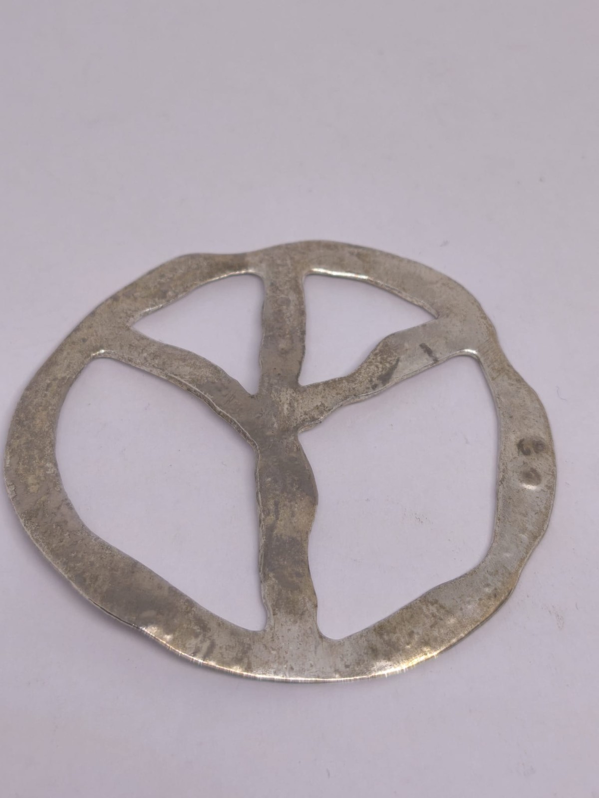 Large Vintage Peace Sign Pendant Silver Tone Hammered Metal Hippie Boho Festival
