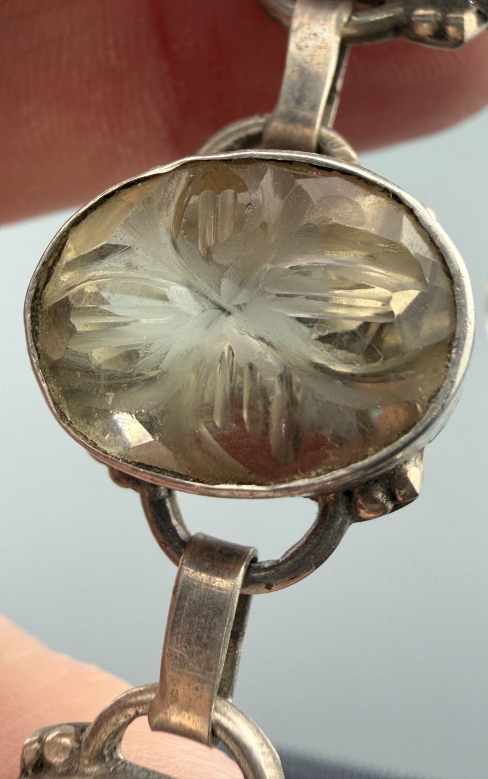 Vintage Bracelet Carved Rock Quartz Sterling Silver Link Crystal Smoky Quartz