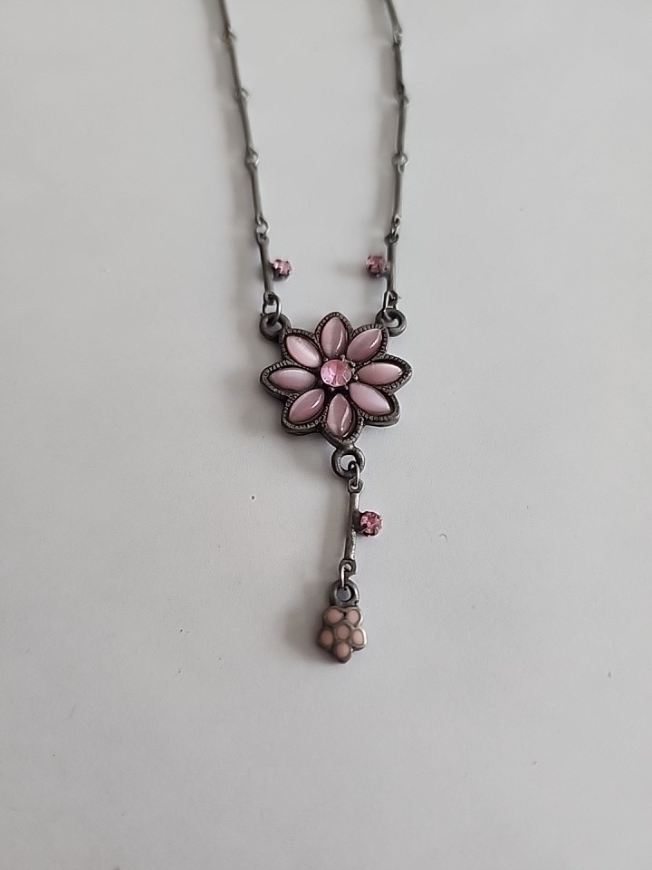 Vintage Whimsigoth Pink Flower Necklace Gunmetal Key Link Chain Goth Y2K Grunge