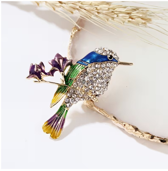 BROOCH-Enamel and Rhinestone Hummingbird with Purple Florals
