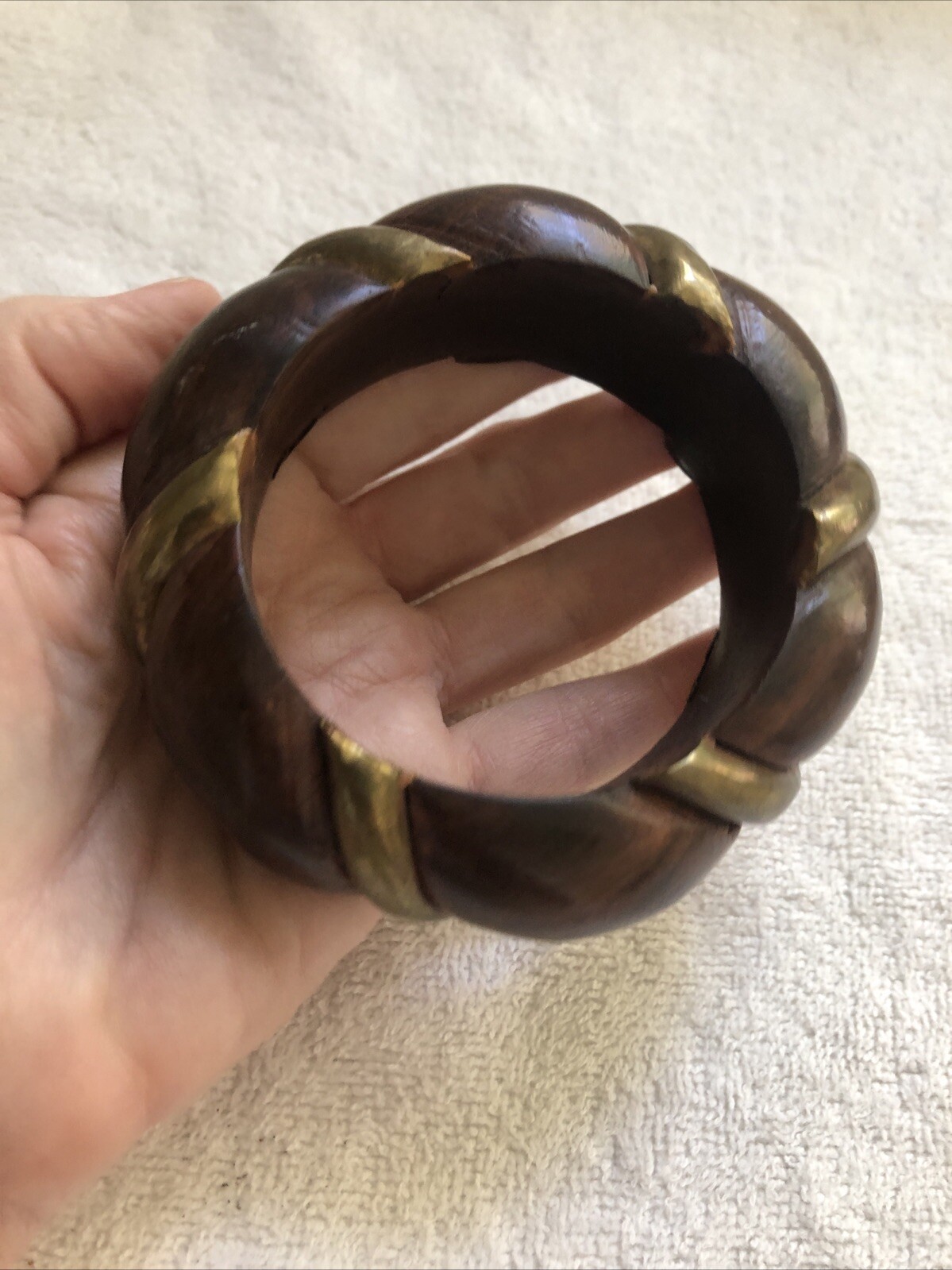 Vintage 1960’s Dark Brown Wooden Bangle with Gold Tone Metal Inlay Bracelet