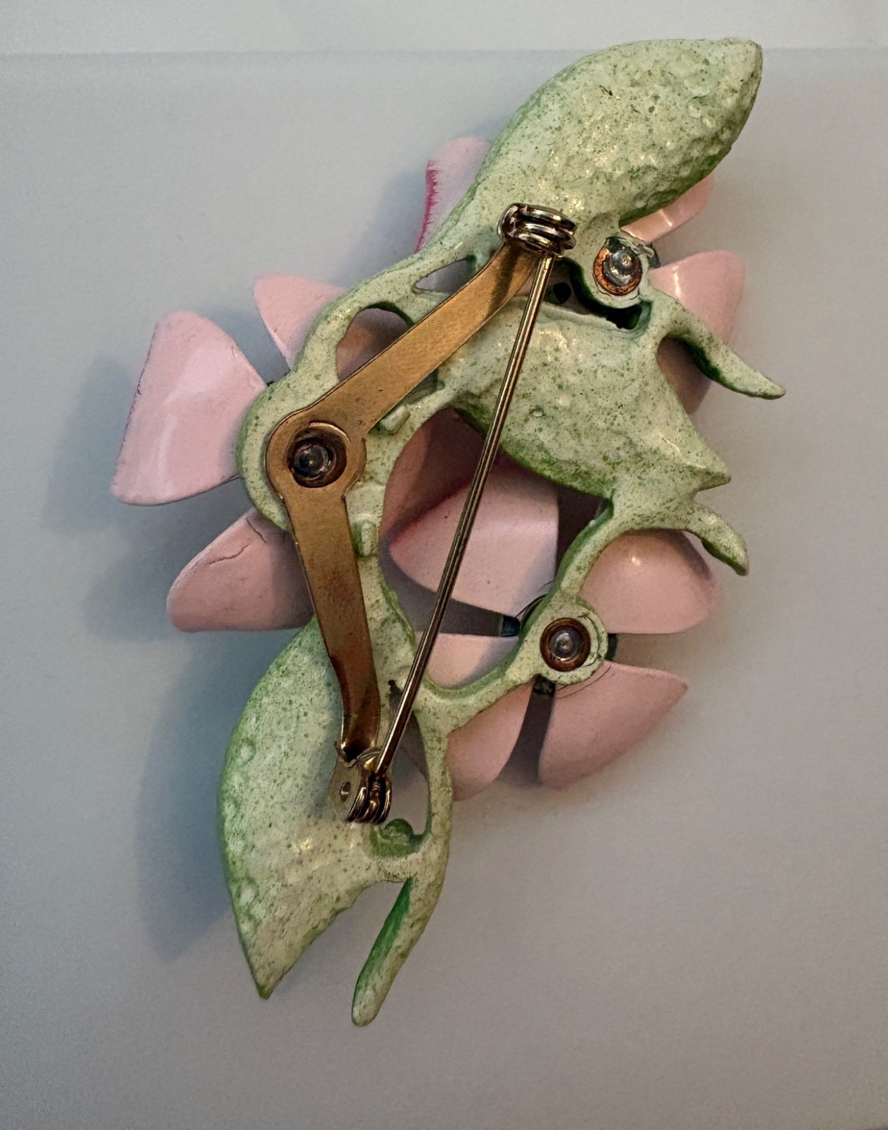 Vintage Pink and Green Enamel Dogwood Flower Brooch