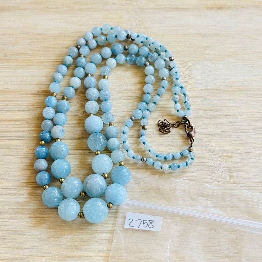 VTG AquaMarine Double strand Necklace Collar Beaded Round genuine Natural 19″