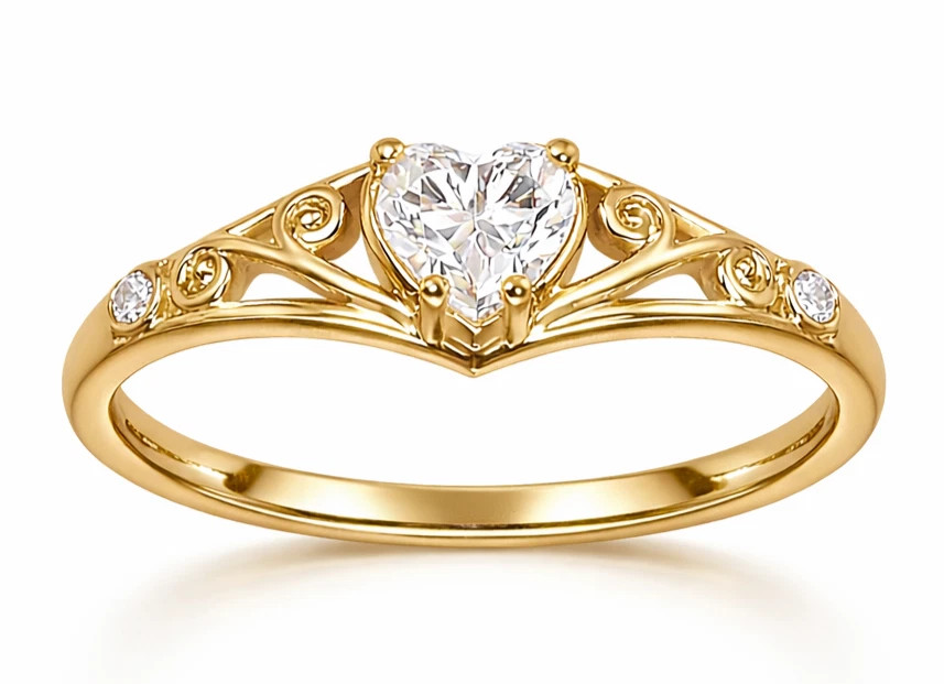 0.78TCW Heart & Round Cut White Moissanite New Pattern Ring In 10K Yellow GoldFN