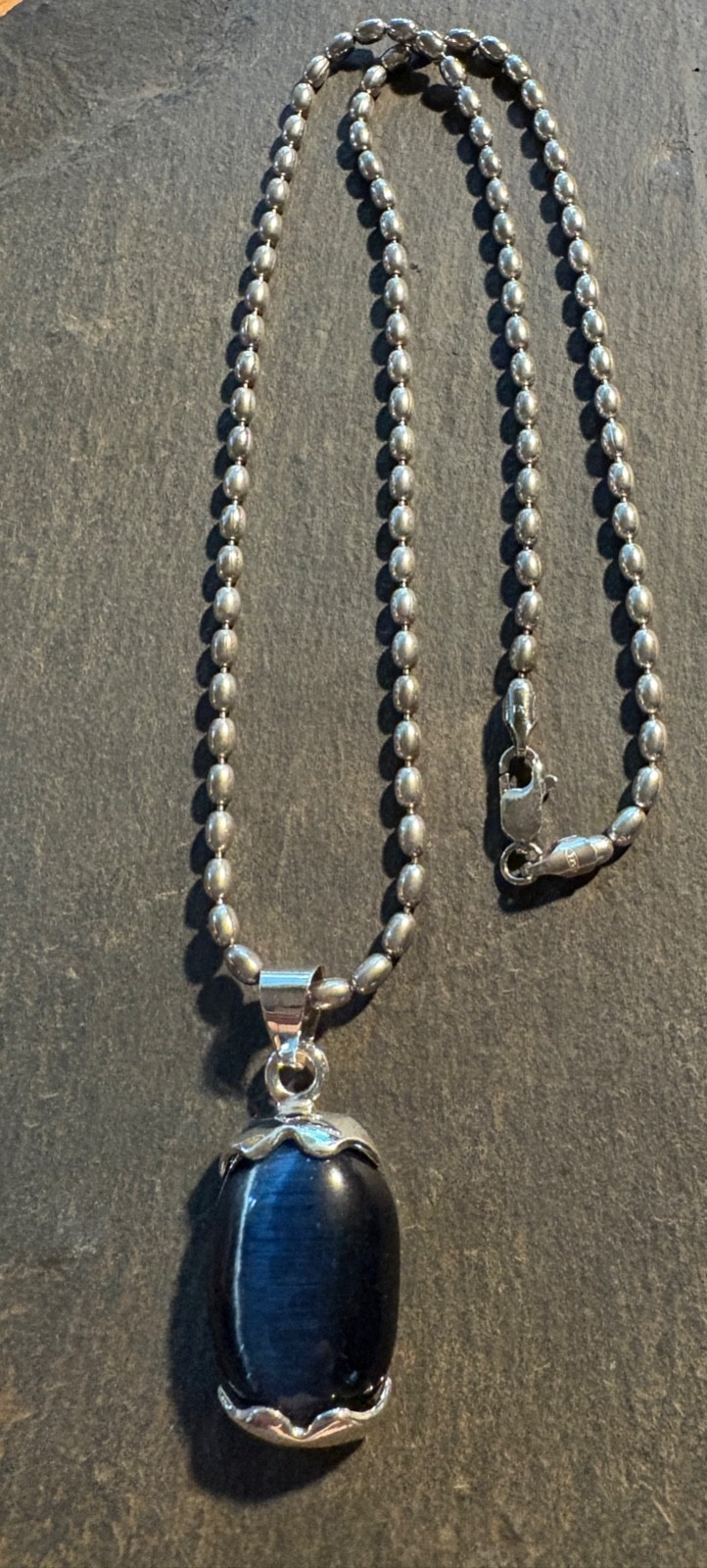 Midnight Blue 925 Cat’s Eye Pendant & 20” Beaded Chain Mexico #J27