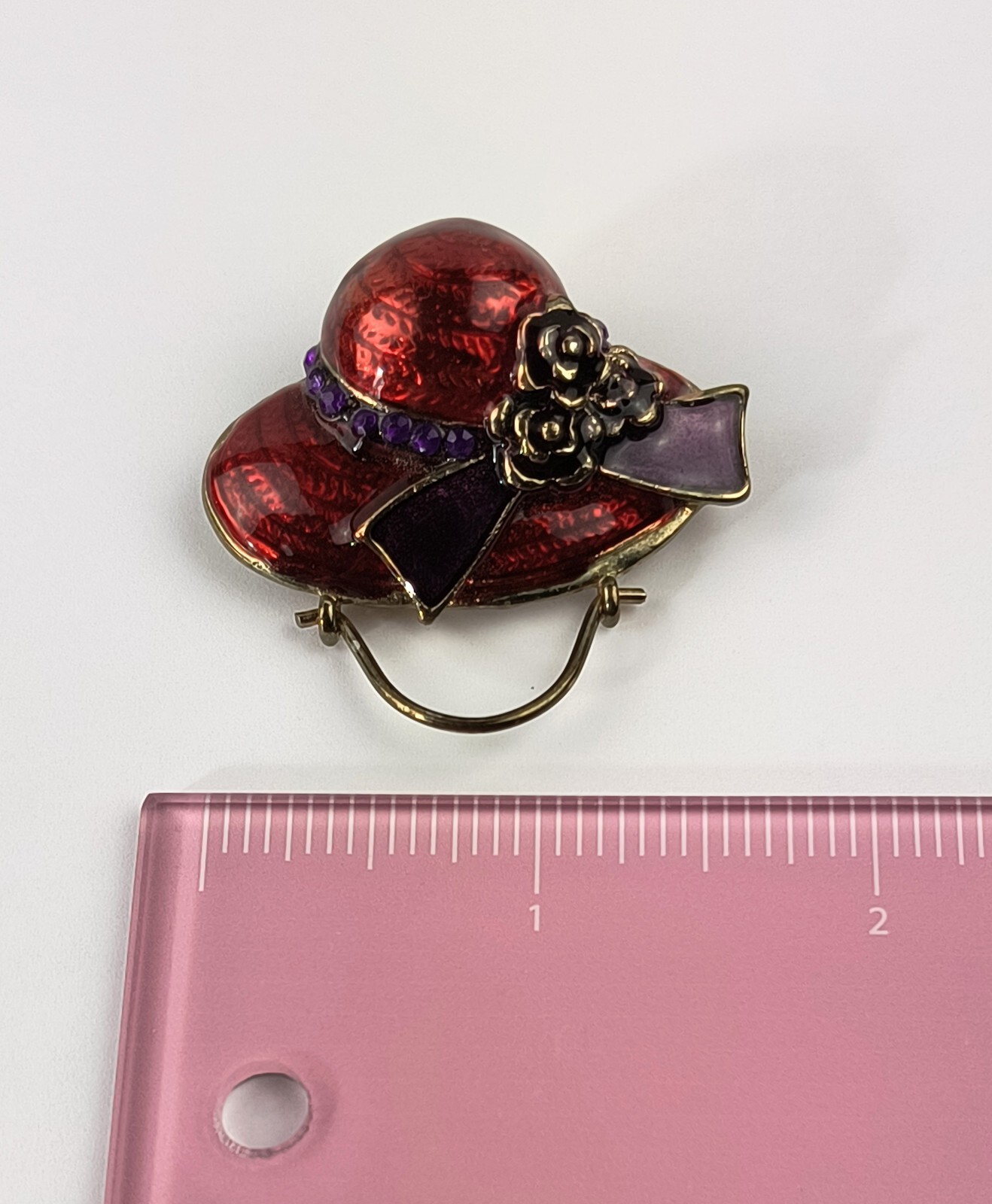 Vintage Red Hat Society Enamel Golden Brooch Pin Red & Purple