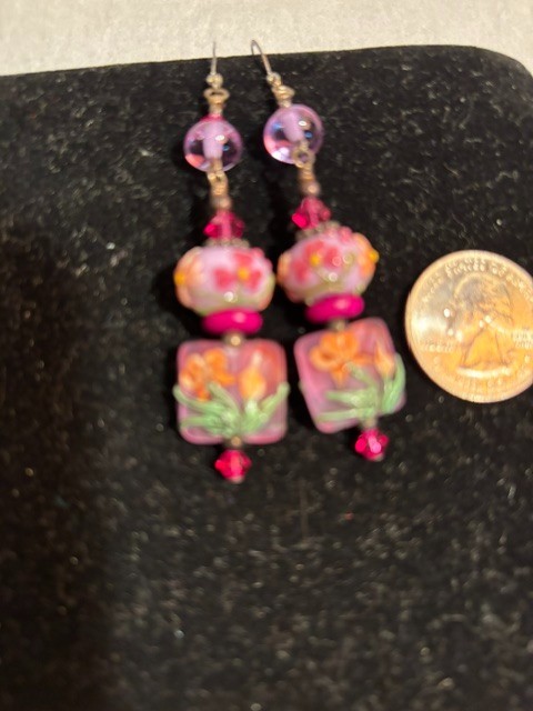 Vintage Artisan Boho Lampwork Glass Floral Dangle Pink And Green Earrings
