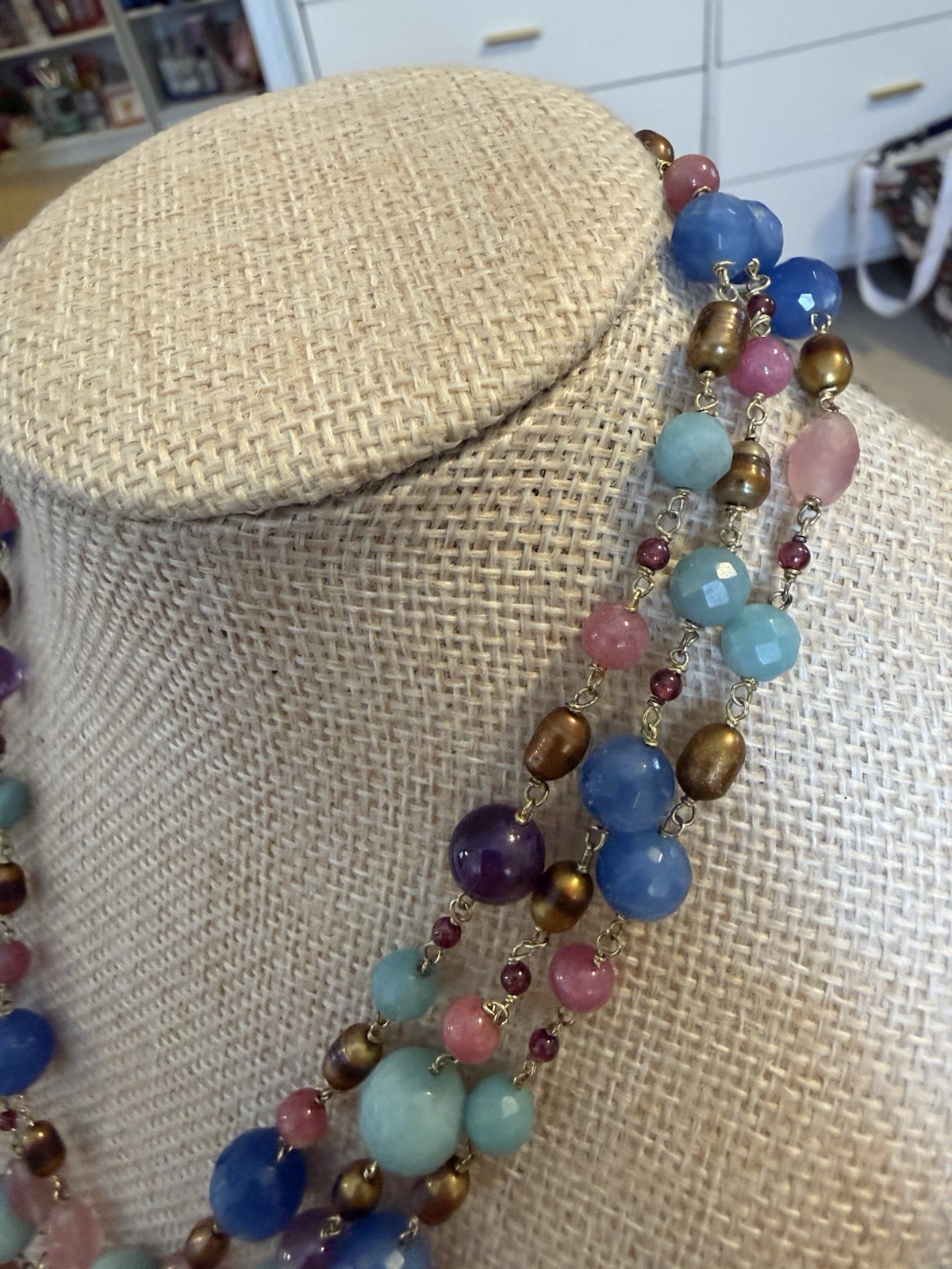 Beautiful Vintage Blue And Purple Beaded Necklace Three Layers Gold Hook Clasp