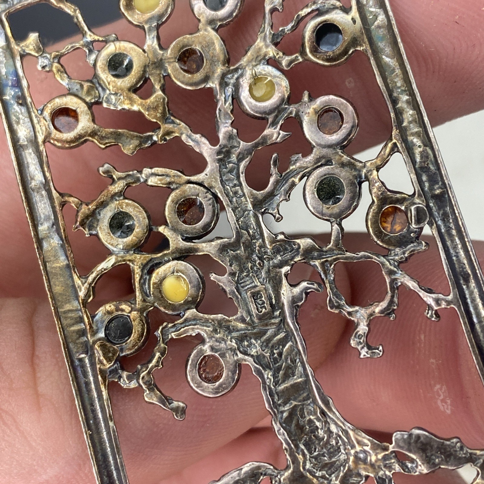 Large 2.5” 925 Sterling Silver Genuine Baltic Amber Tree of Life Pendant Vintage