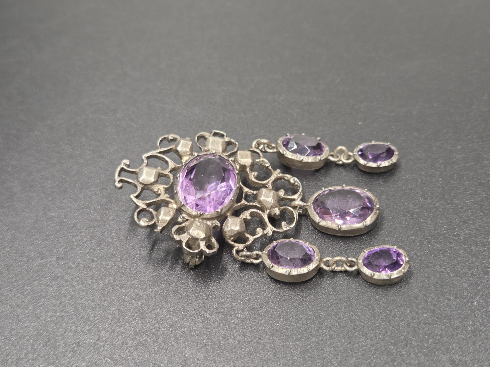 Antique Victorian Sterling Silver Purple Amethyst Dangle Brooch Festoon Pin OOAK
