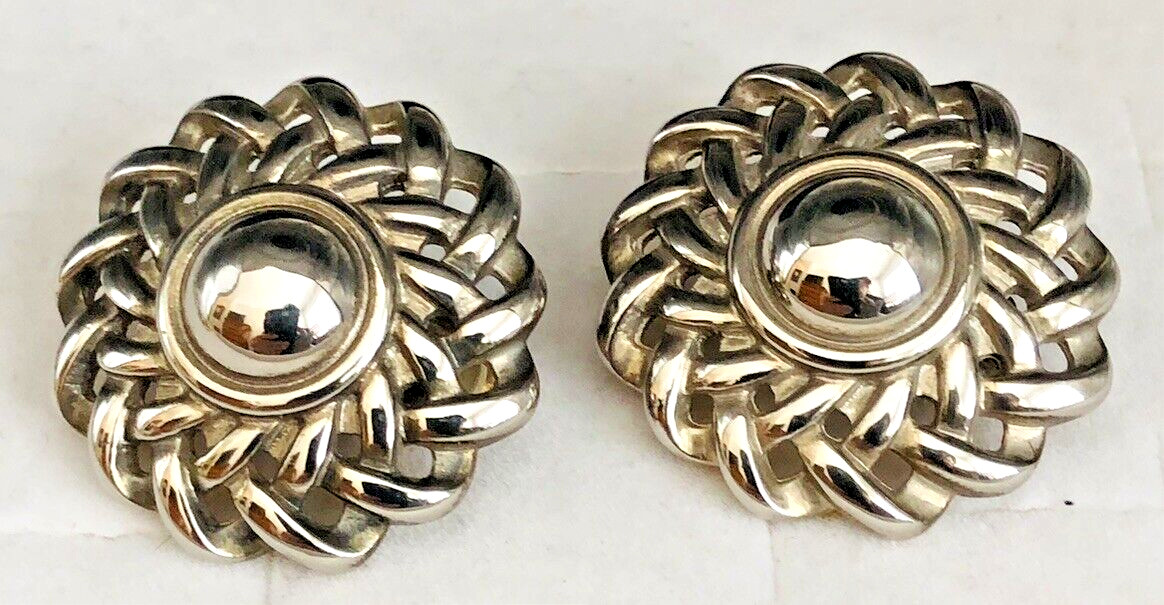 Vintage GIVENCHY Silver Tone Button Clip On Earrings Polished Round 1 1/4 In