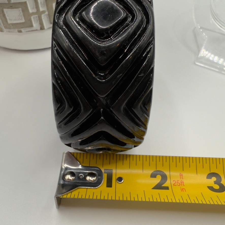 Vintage Black Lucite Bangle Bracelet Wide Carved Geometric Retro Statement