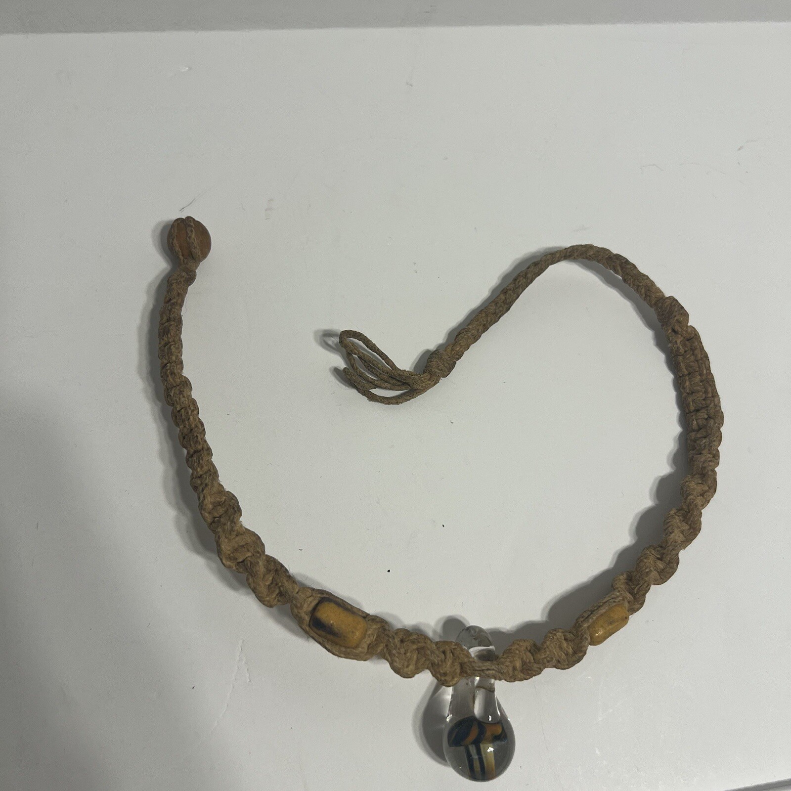 Vintage Blown Glass Hippie Mushroom Pendant Hemp Rope Necklace 70’s