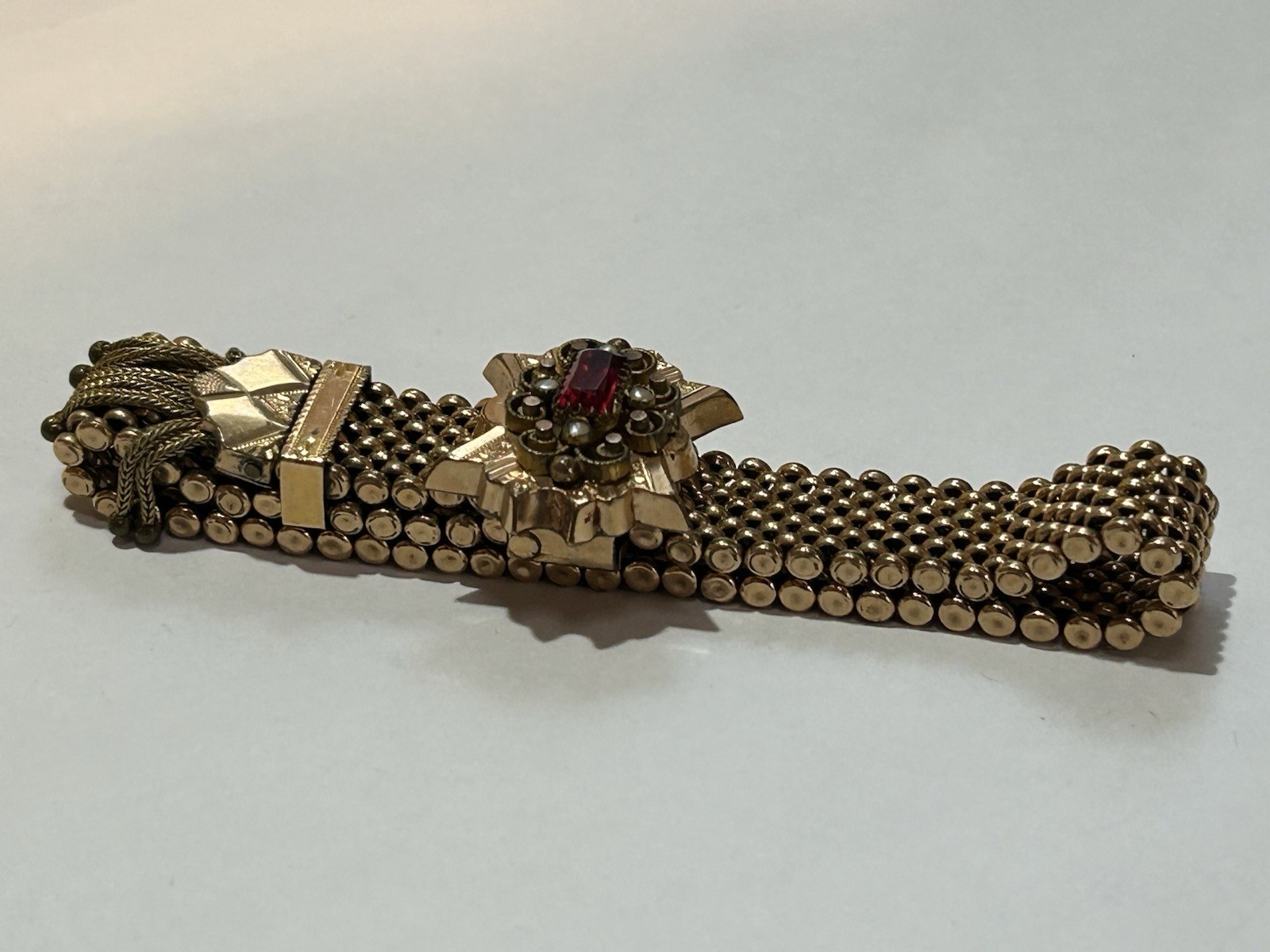 Victorian Gold Filled Slide Bracelet Red Stone Seed Pearls Tassels