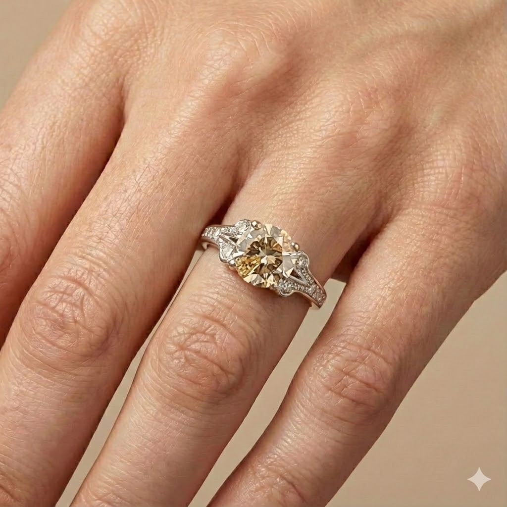 Vintage 14k White Gold Engagement Ring 1.28ct. Natural Champagne Round Diamond
