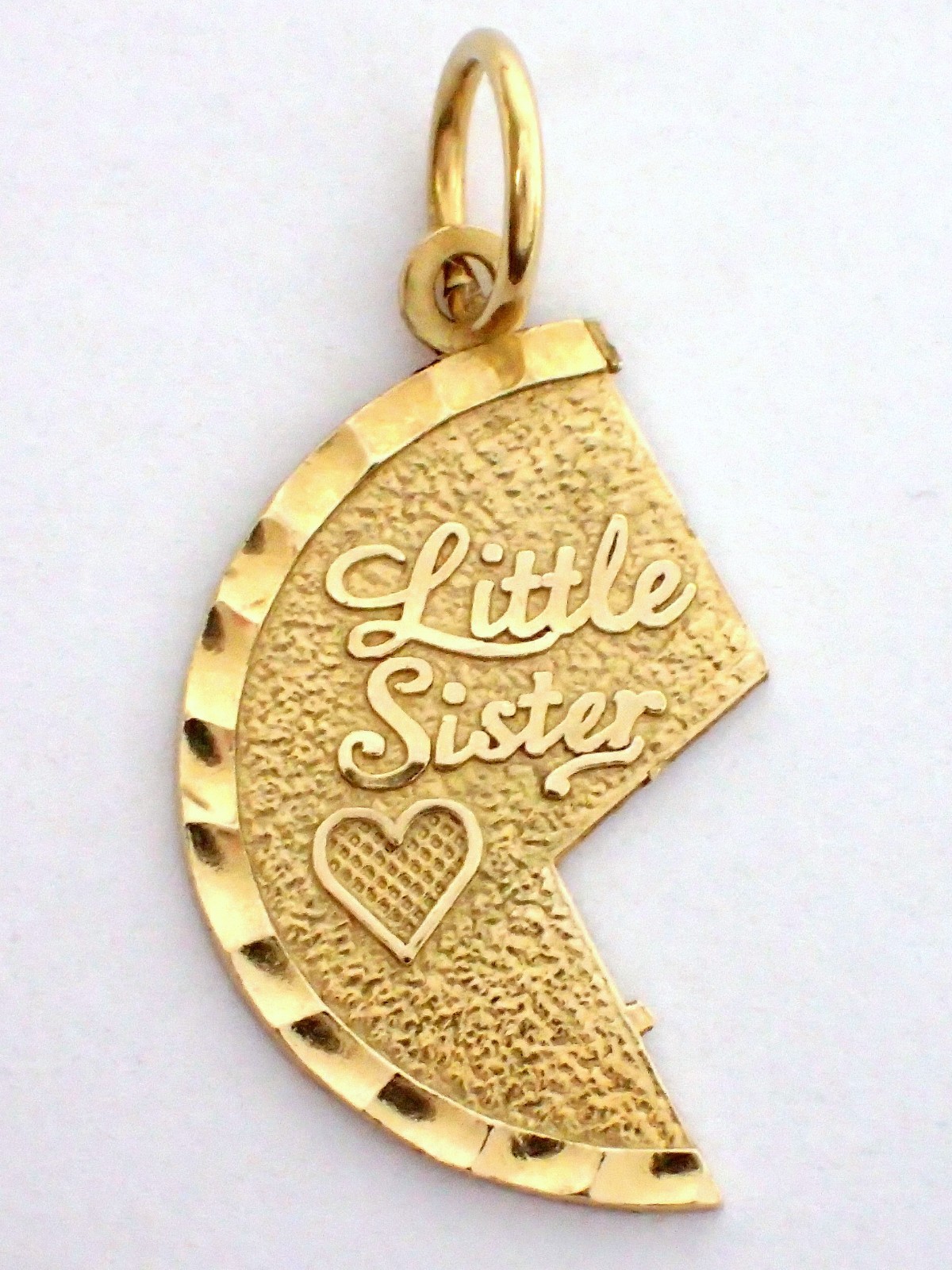 Vtg .8g SOLID 14k Yellow Gold LITTLE SISTER Half Big Sister Heart Charm Pendant