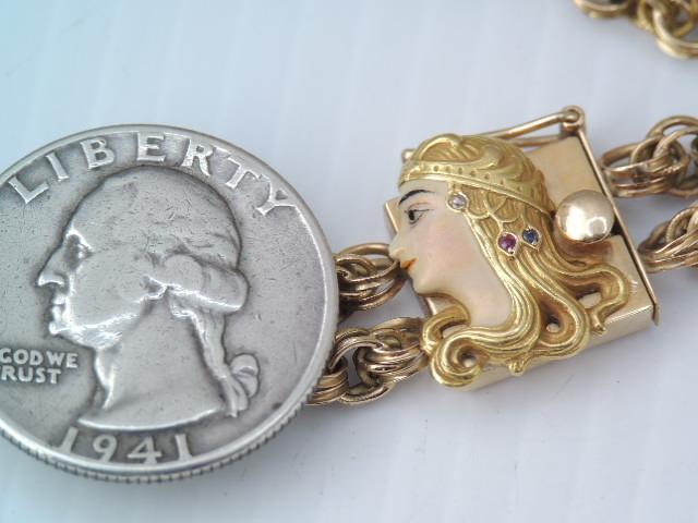 RARE ART NOUVEAU 14K GOLD ENAMEL JEWEL FACE DOUBLE CHAIN BRACELET 7 3/4 “