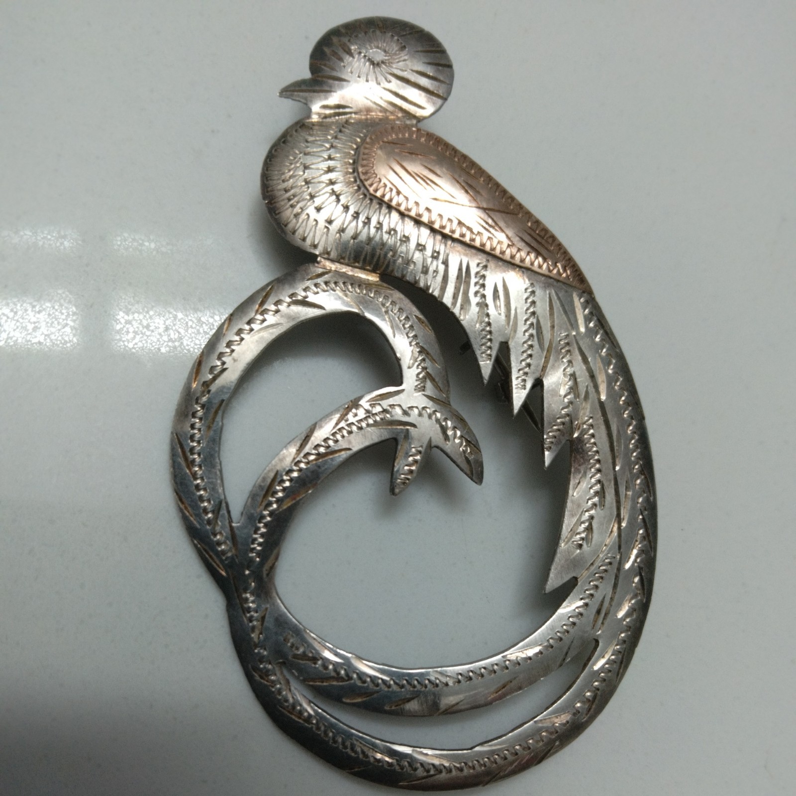 Vintage 800 Silver Aztec Guatemala Quetzal Coatl Etched Pheasant Bird Pin Brooch