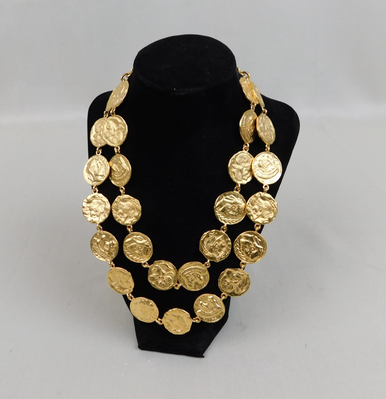 Vintage 1980s Gold Tone Double Strand Roman Coin Necklace #77