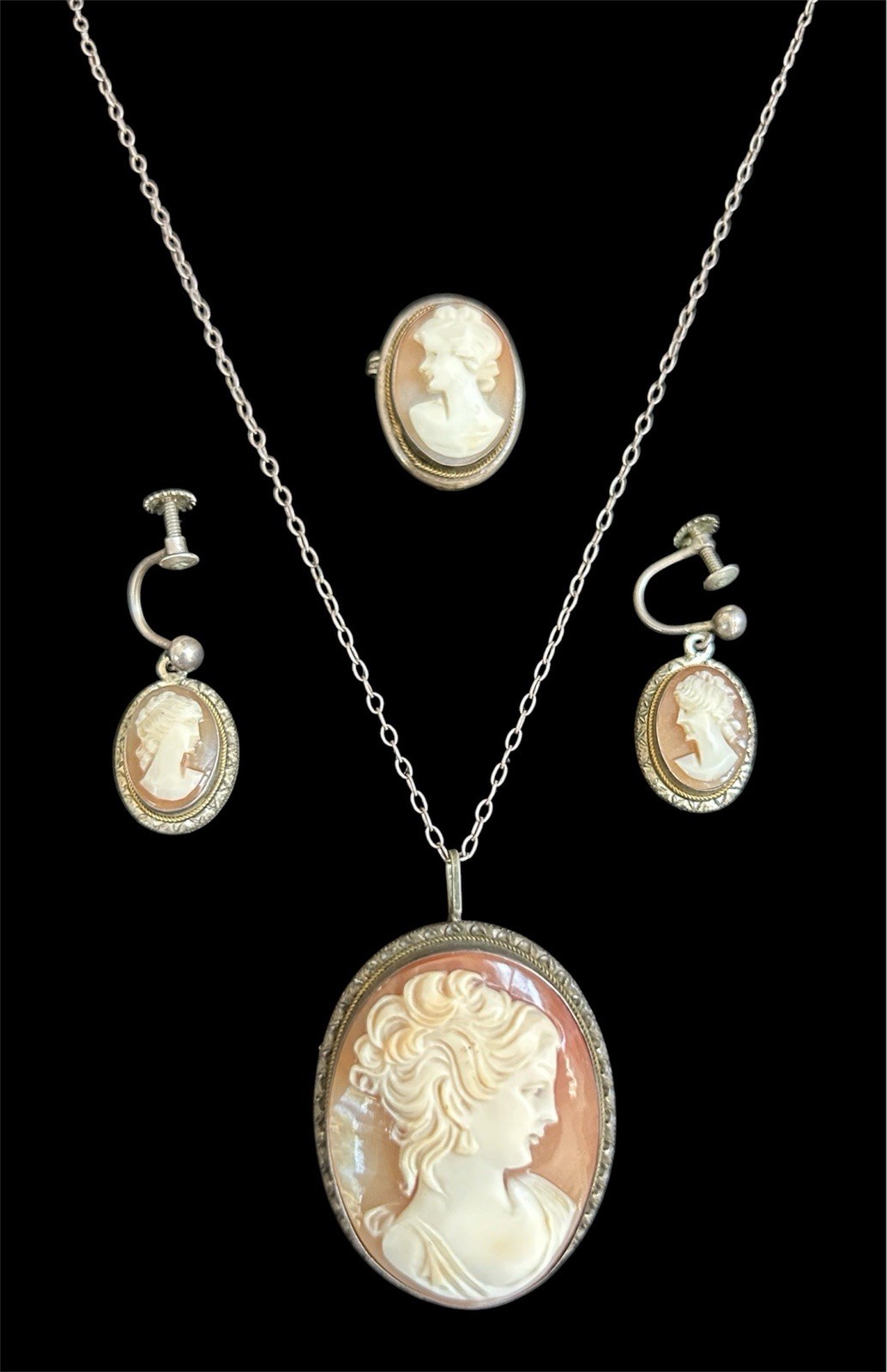 Antique 800 Silver Cameo Pendant Necklace W/Clip On Earrings & Brooch Pendant 2″