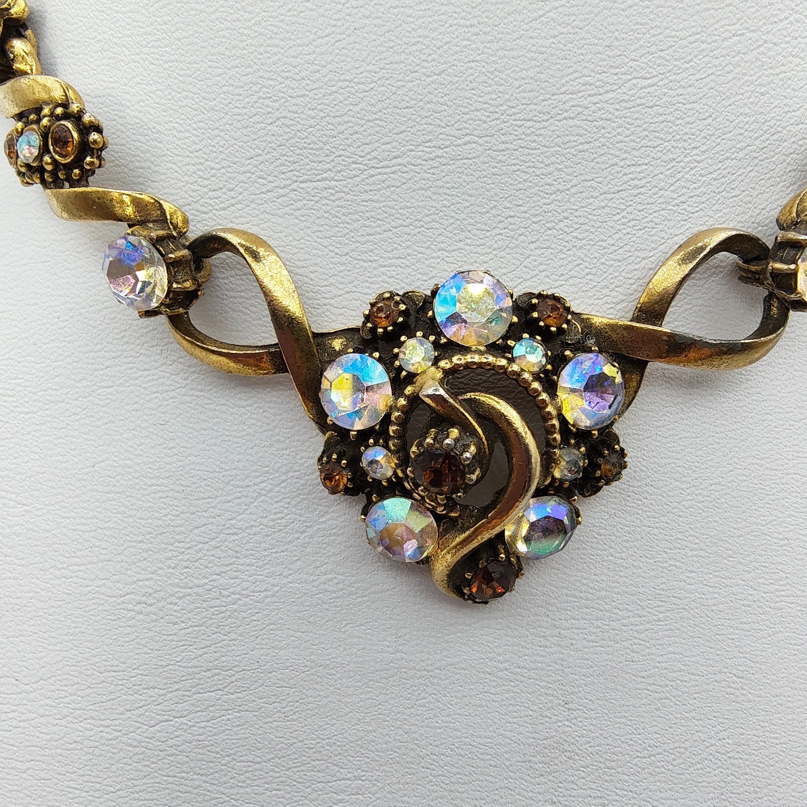 Vintage Florenza Victorian Style Choker Necklace Gold Tone AB Rhinestone Signed