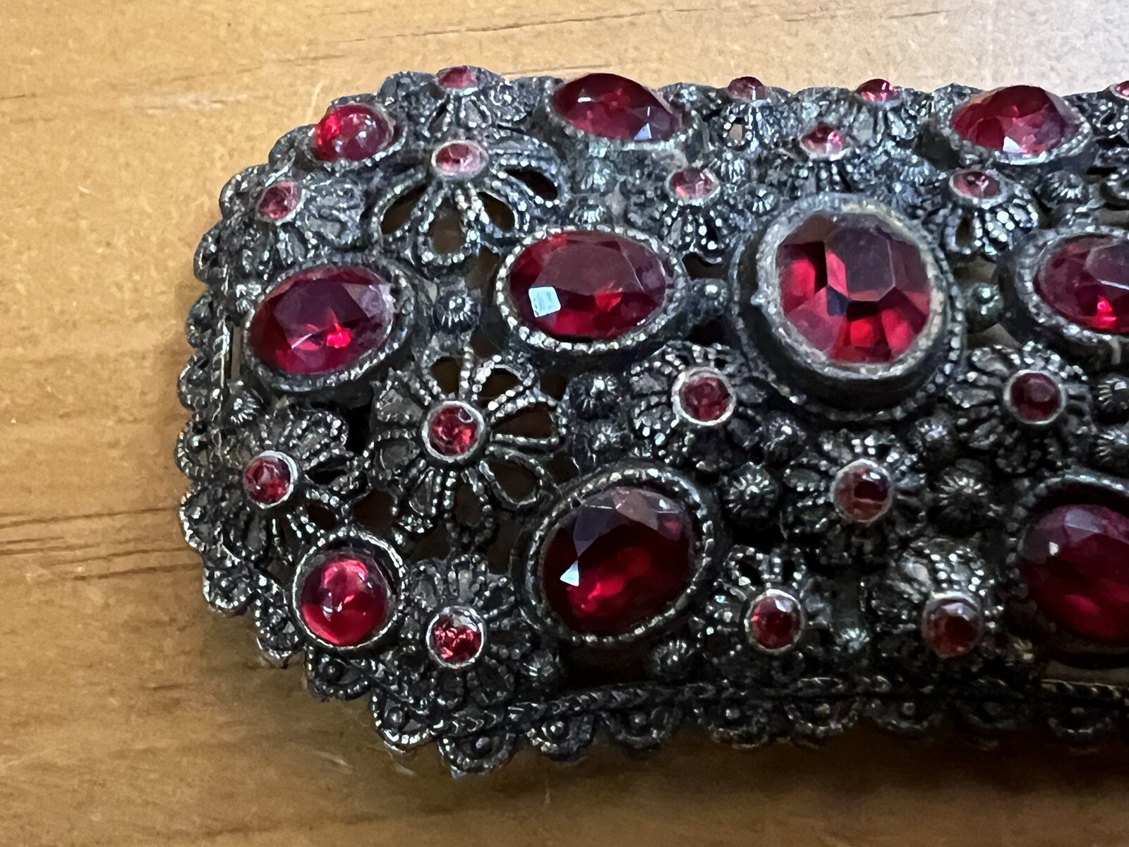 Vintage Signed NE New England Glass Works Rectangular Brooch Red Stone Floral