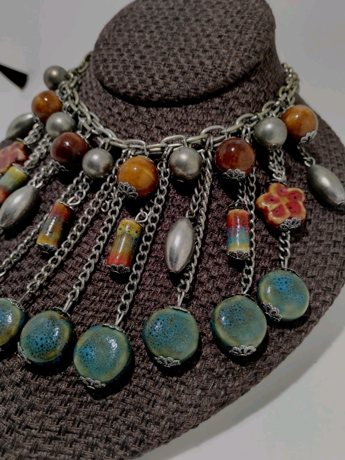 Boho Statement Bib Necklace 17″ Multicolor Ceramic Bead Silver Tone Fringe Style