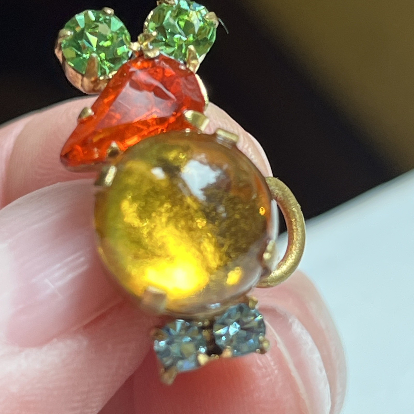 Vintage Made In Austria Mouse Brooch Prong Set Cabochon & Faceted Crystals