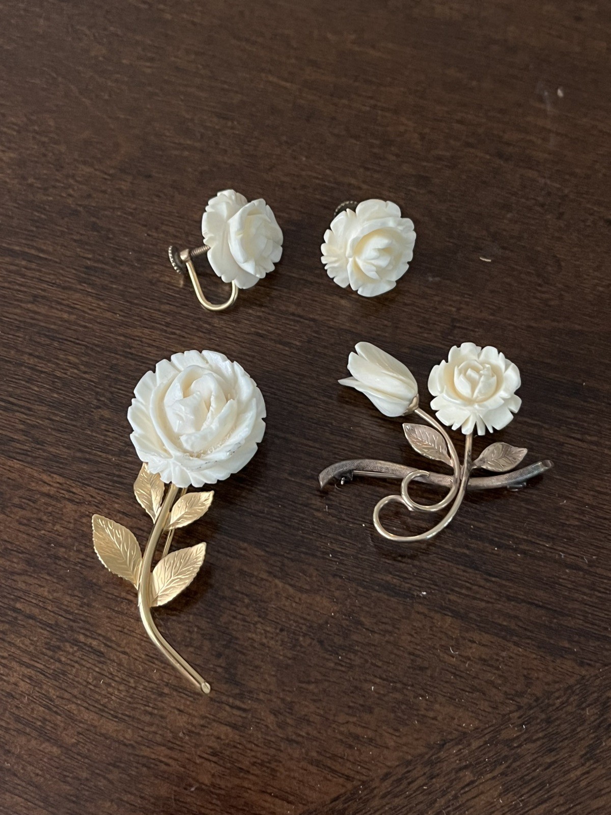 White Faux Ivory And Gold Rose Earrings And (2) Brooch Set