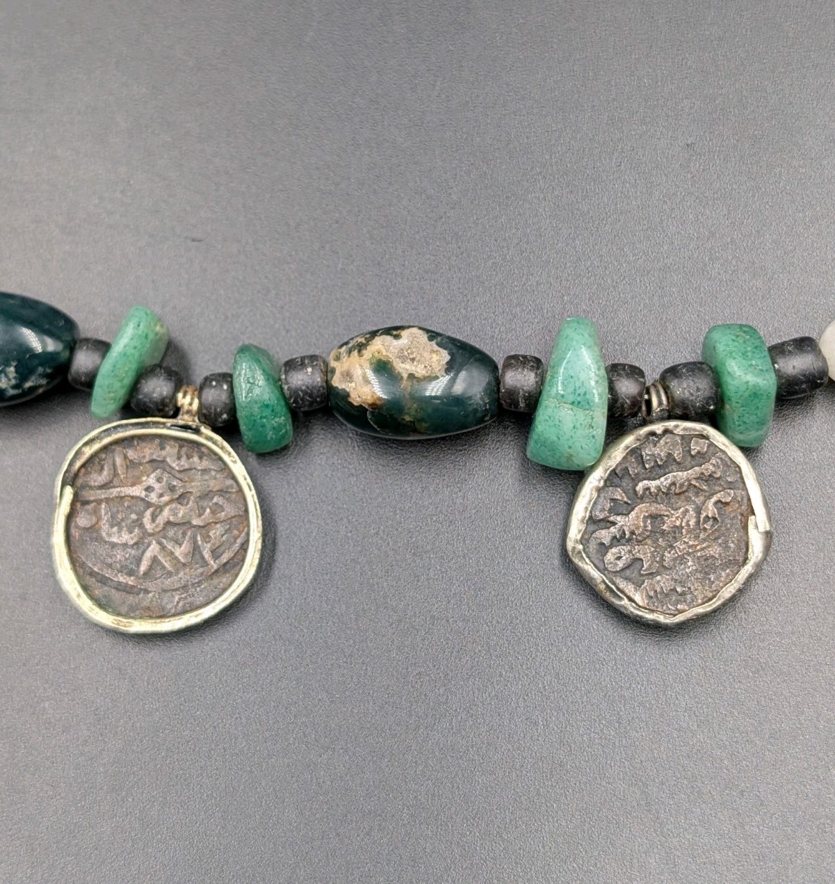 Vtg Ancient Silk Road Islam Mamluk Coin Stone Beads Sterling 925 Clasp Necklace