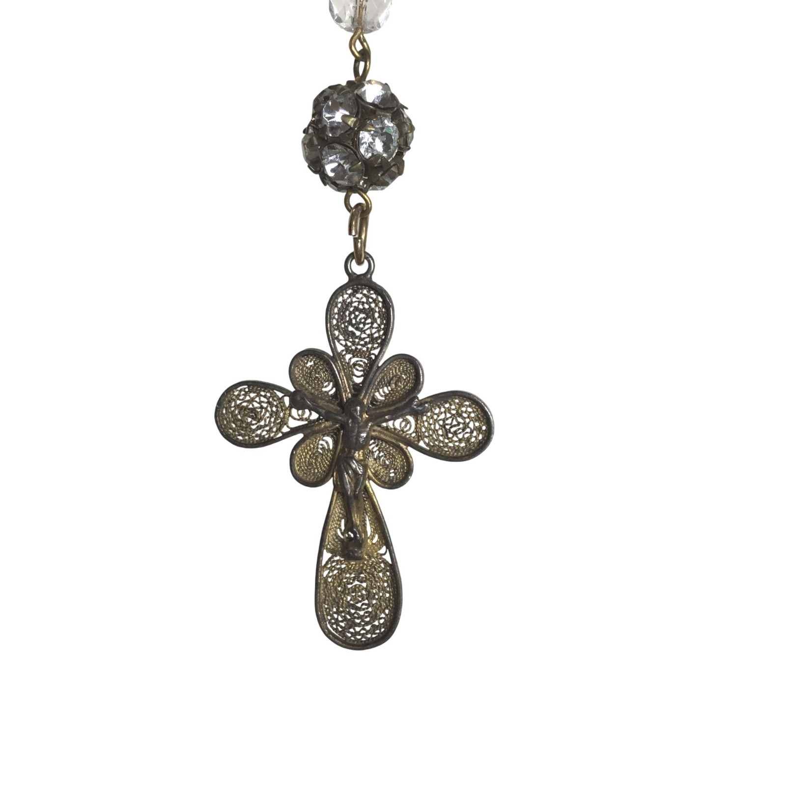 VTG Double Strand Crystal Bead Rosary Bracelet Necklace Cross Pendant Gold Tone