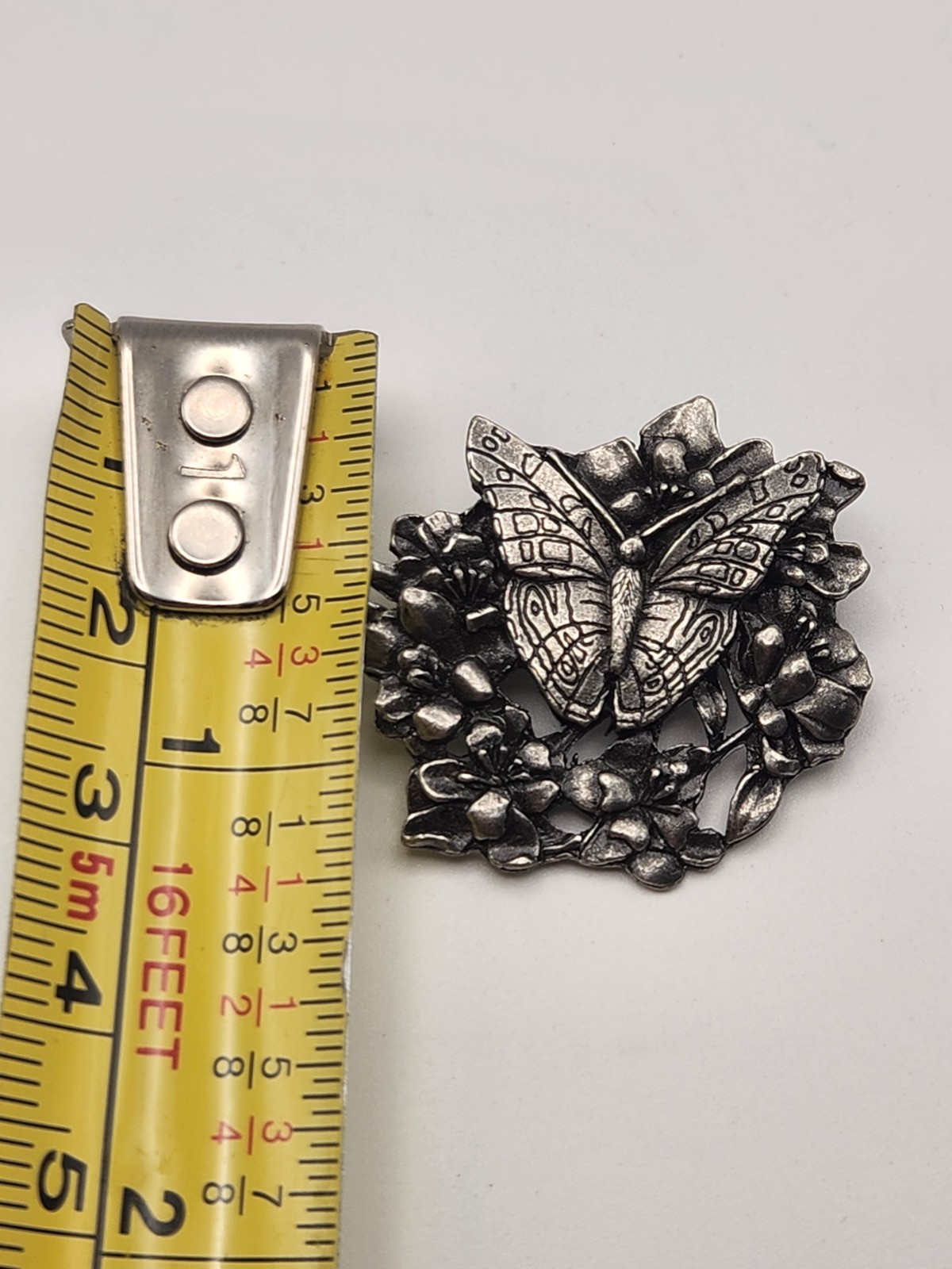 Vintage pewter Birds and Blooms limited edition butterfly brooch pin
