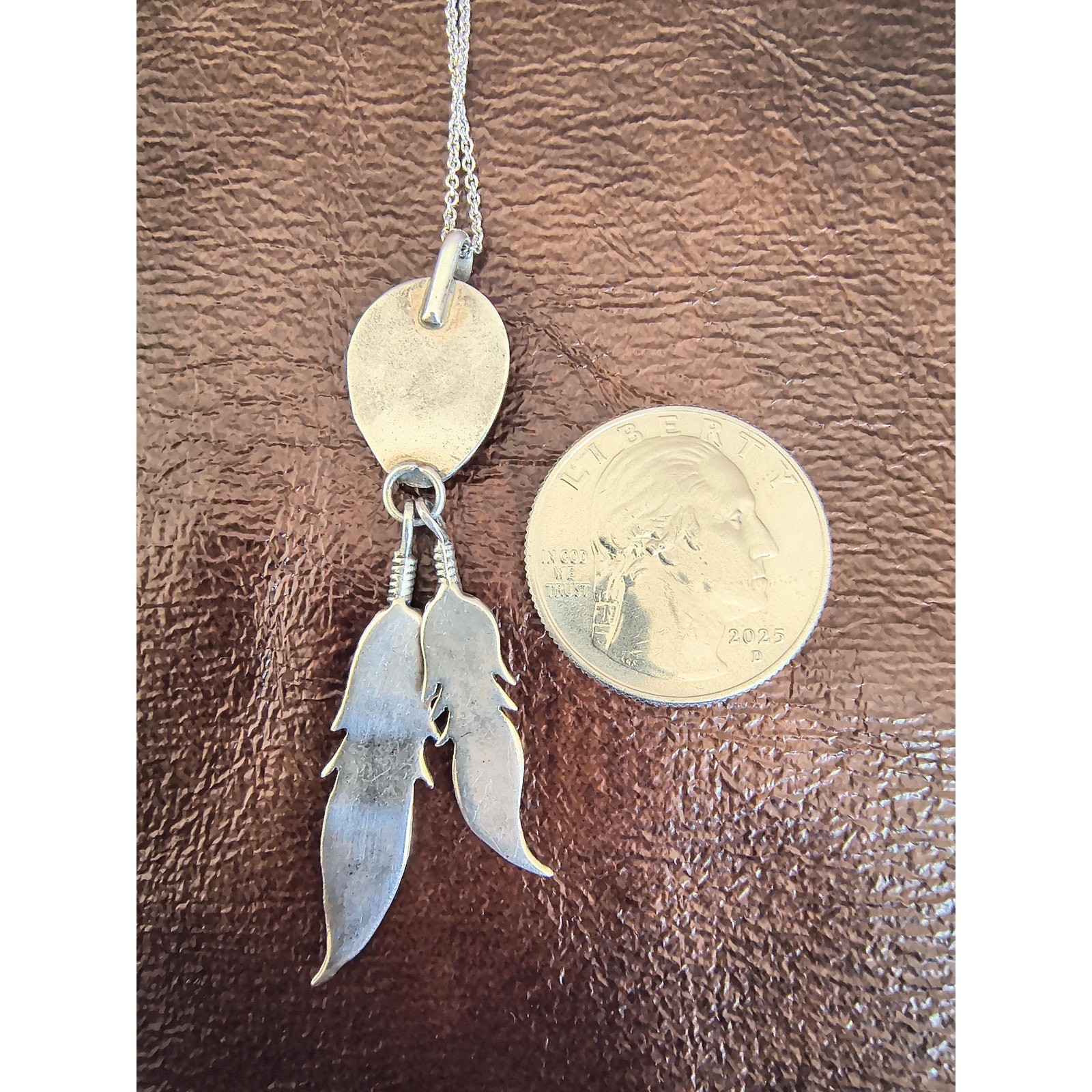 Old Sterling Silver Bear Paw Turquoise Feather Dangle Pendant Necklace 925 Chain